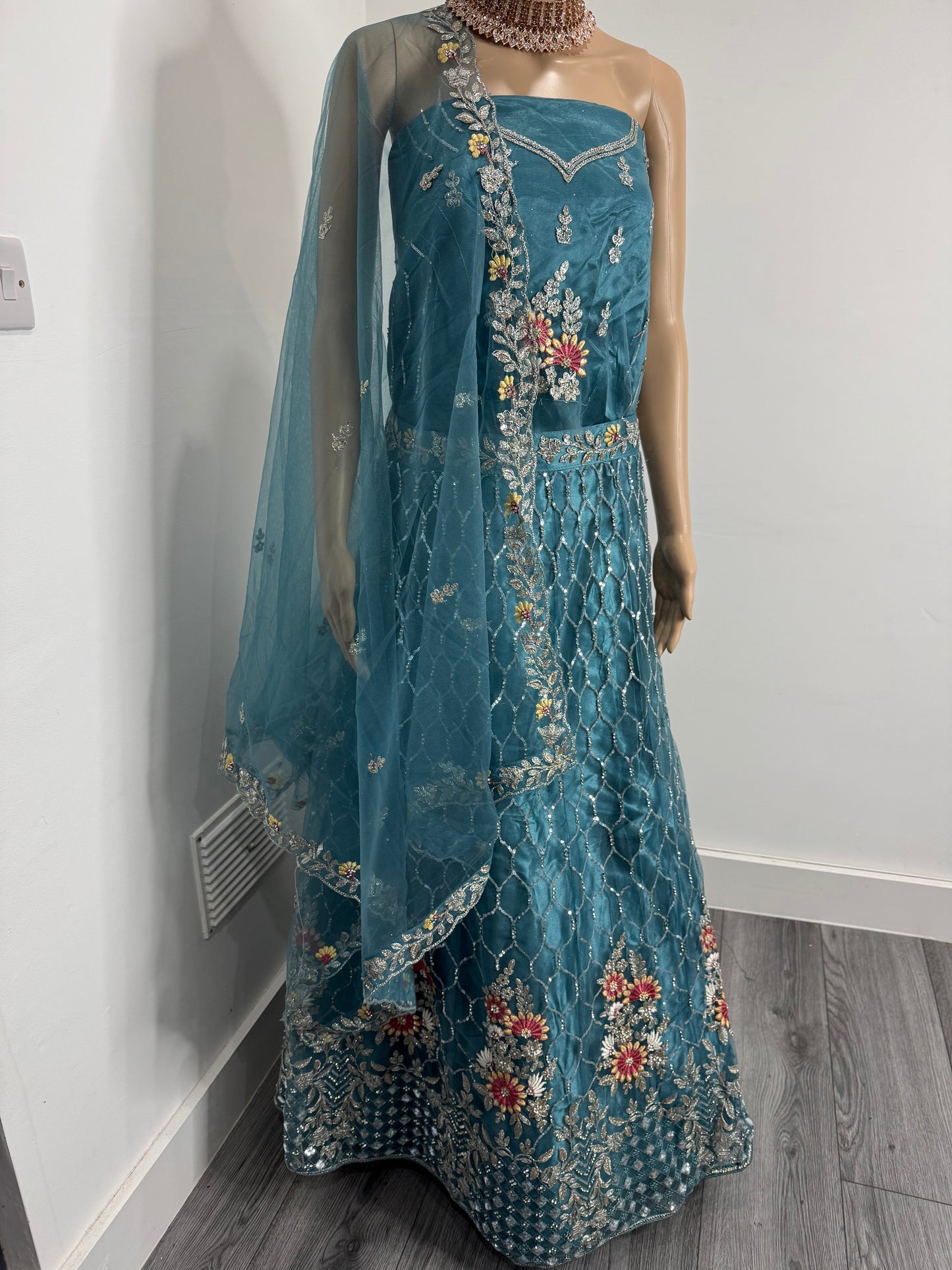 Teal Sharmili Net Semi Stitched Lehenga Choli With Dupatta