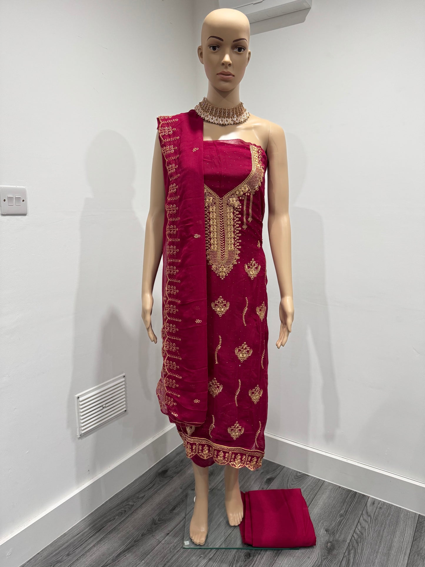 Sarita Red Three Piece Suit Georgette Semi Stitched Material