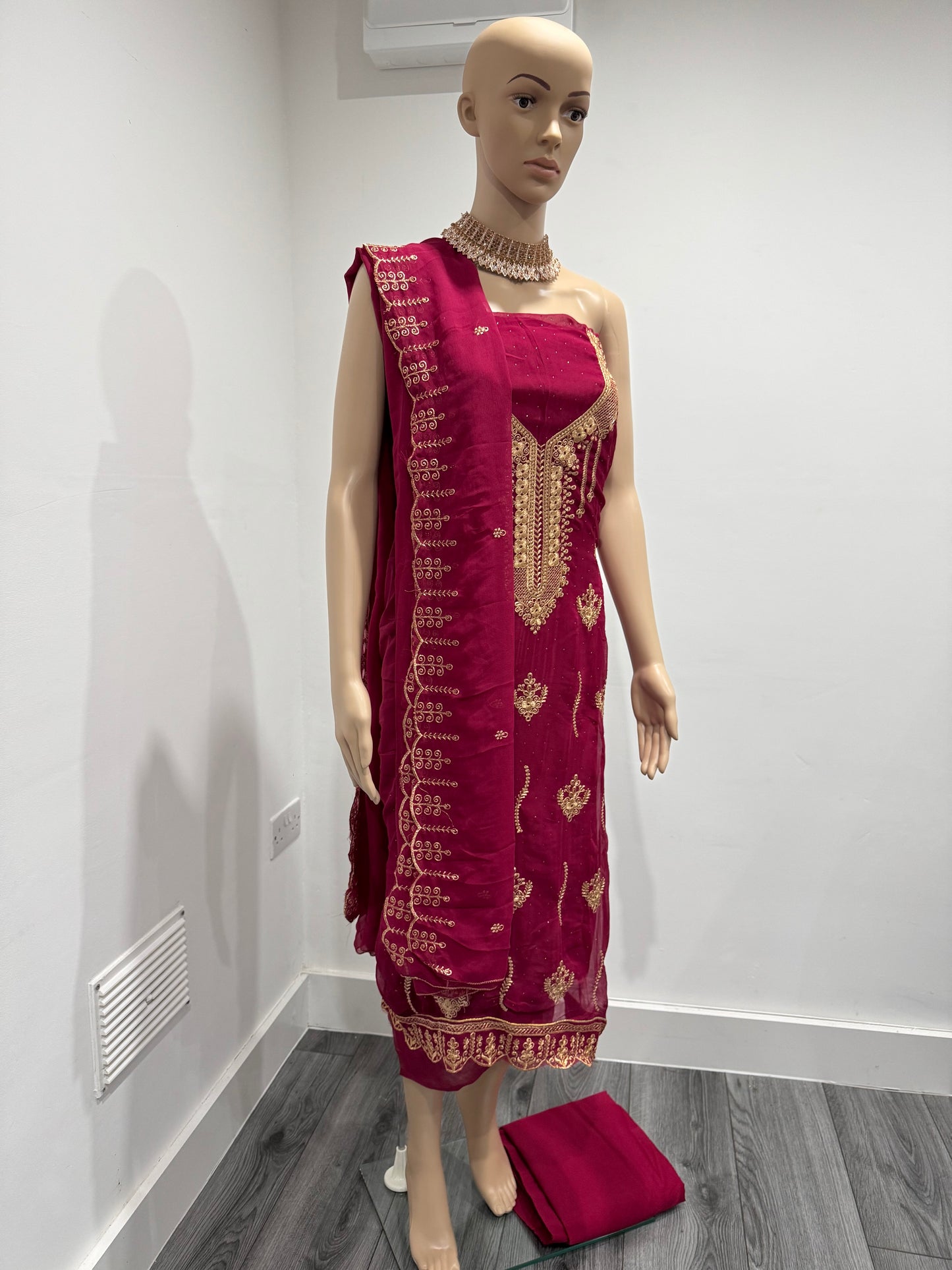Sarita Red Three Piece Suit Georgette Semi Stitched Material