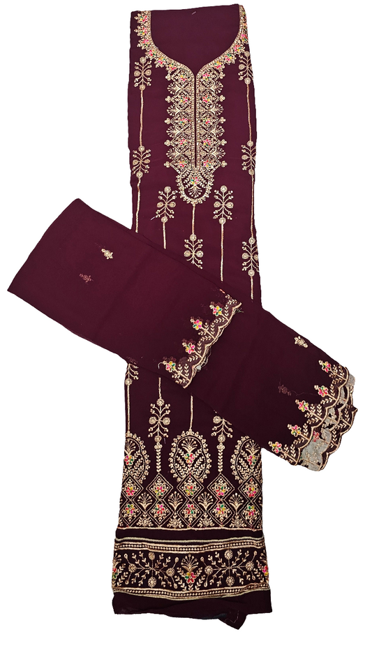 Maroon Kajal Three Piece Suit Georgette Semi Stitched Material