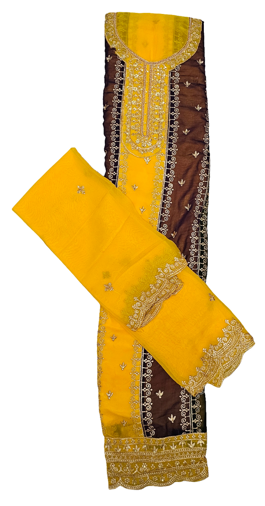 Yellow Brown Aditi Three Piece Suit Blooming Semi Stitched Material