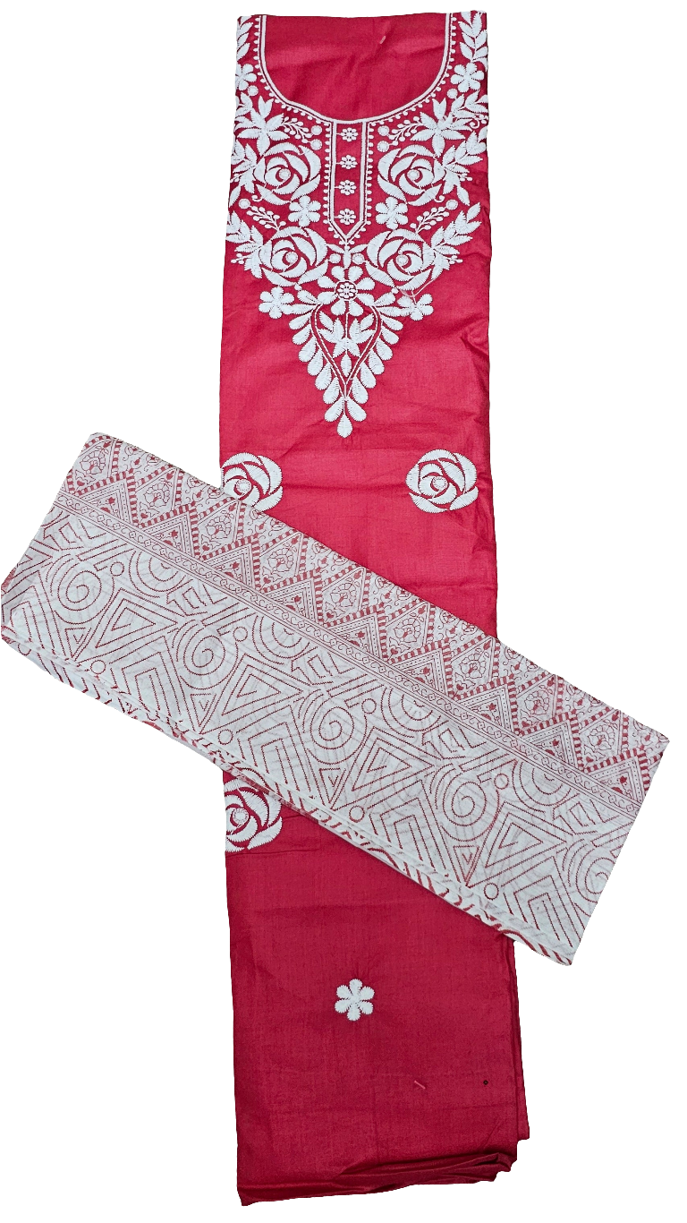 Dark Pink Puja Three Piece Suit Roman Semi Stitched Material