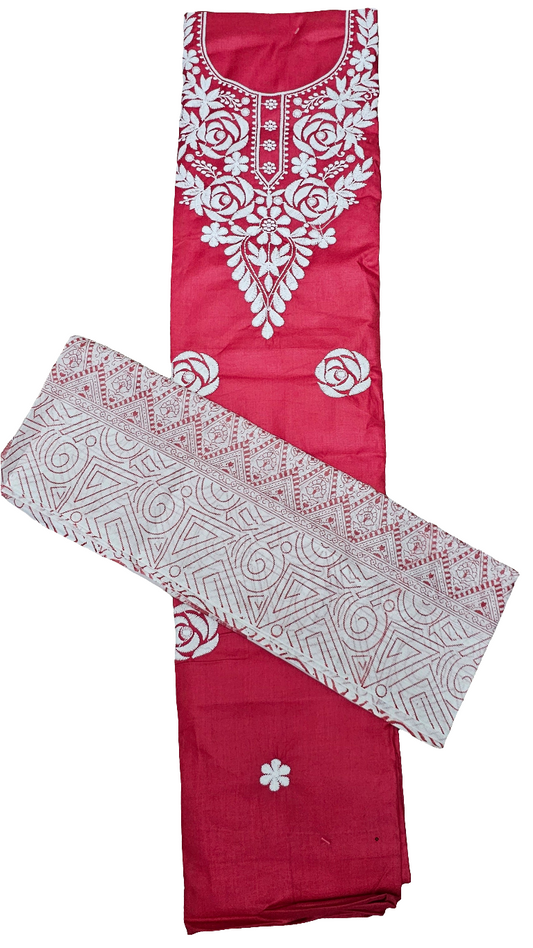 Dark Pink Puja Three Piece Suit Roman Semi Stitched Material