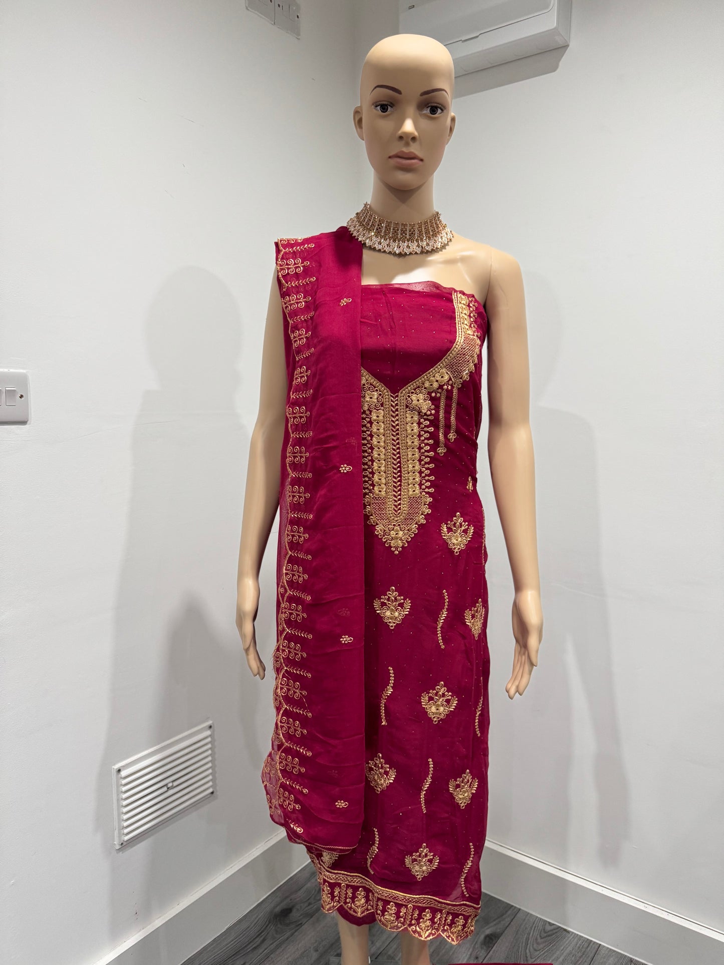 Sarita Red Three Piece Suit Georgette Semi Stitched Material