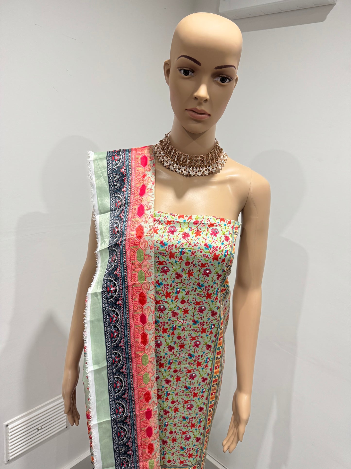 Mint Green Veda Three Piece Suit French Crepe Semi Stitched Material