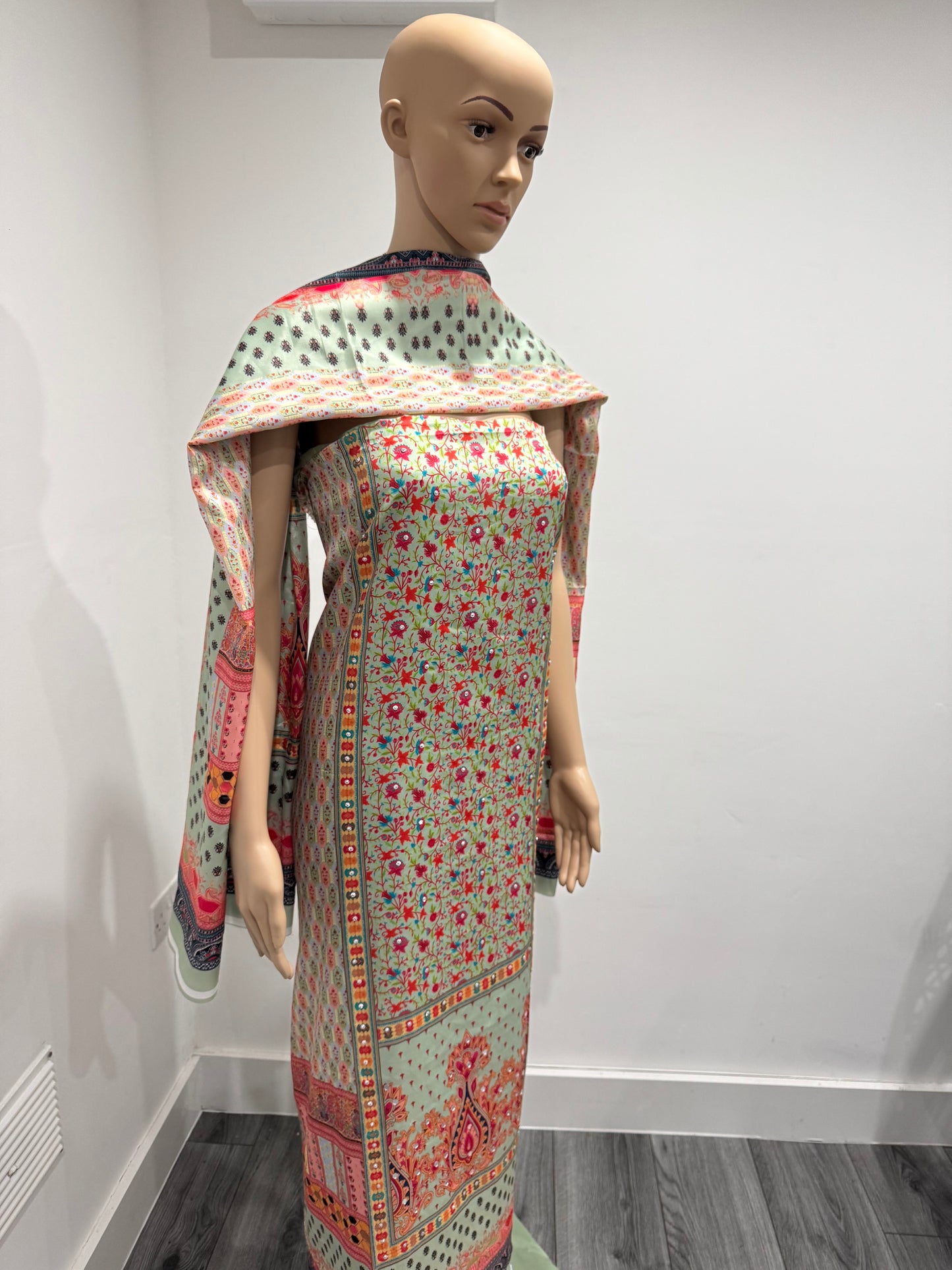 Mint Green Veda Three Piece Suit French Crepe Semi Stitched Material