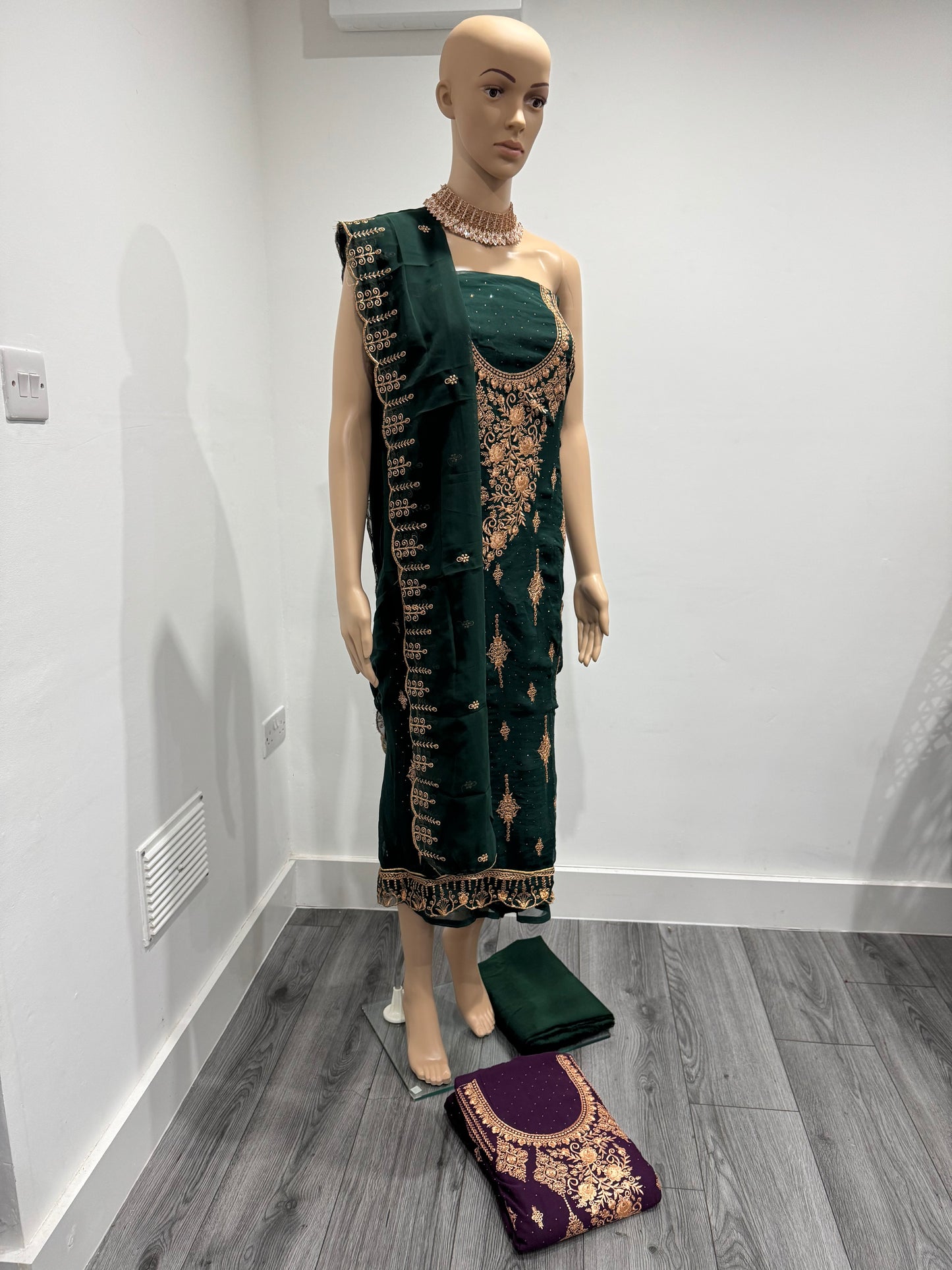 Dark Green Gauri Three Piece Suit Georgette Semi Stitched Material