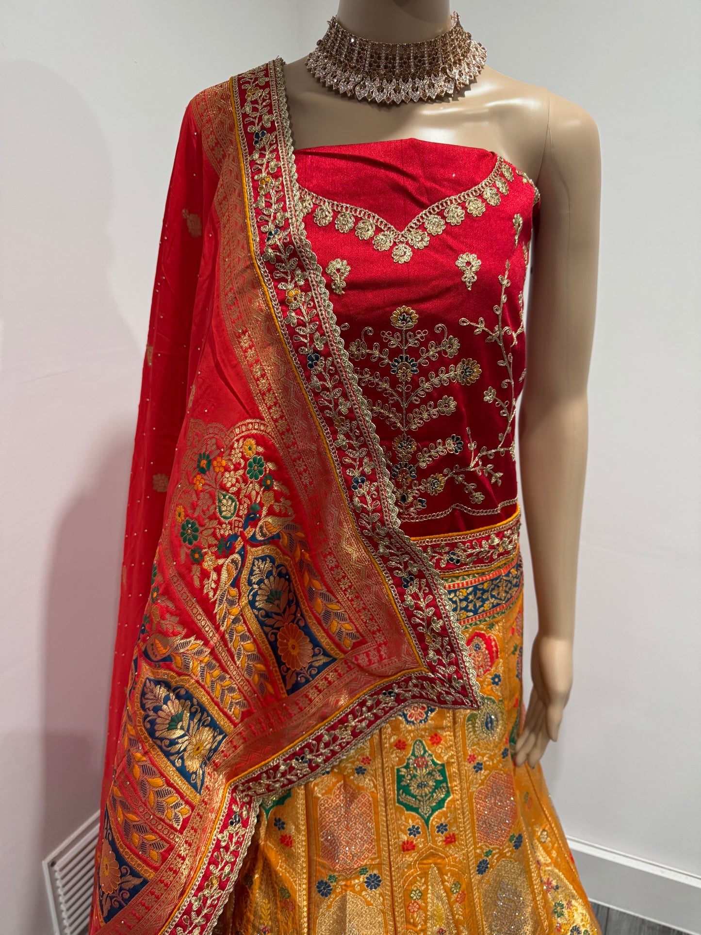 Orange Sajeli Banarasi Silk Net Semi Stitched Lehenga Choli With Dupatta