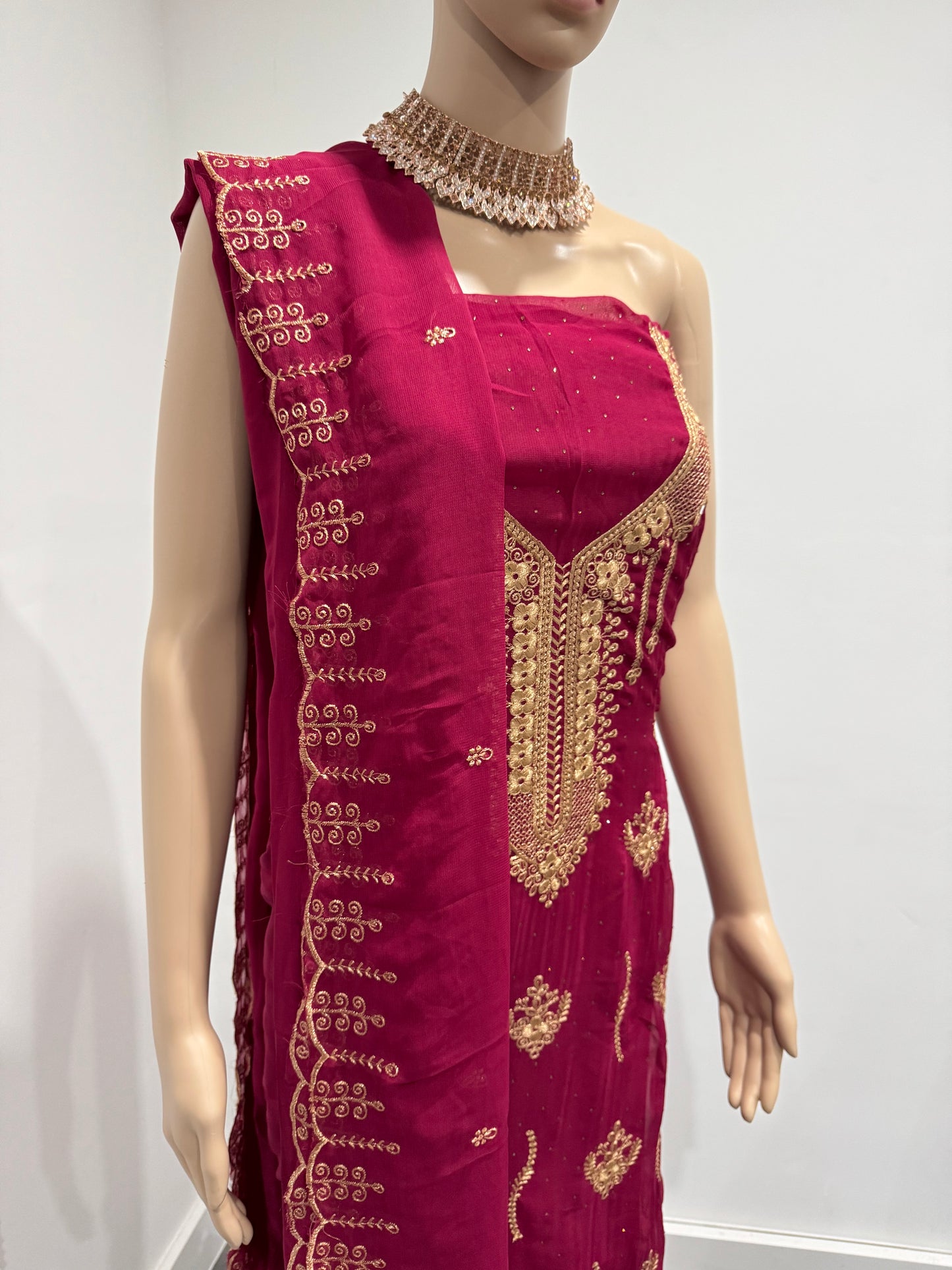Sarita Red Three Piece Suit Georgette Semi Stitched Material
