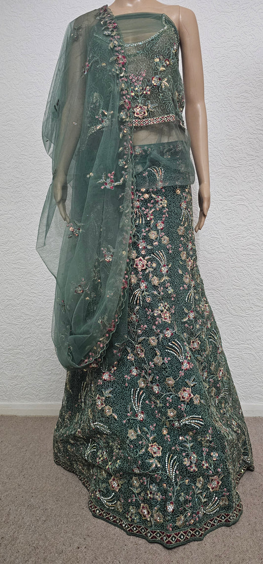 Green Kia Net Semi Stitched Lehenga Choli With Dupatta