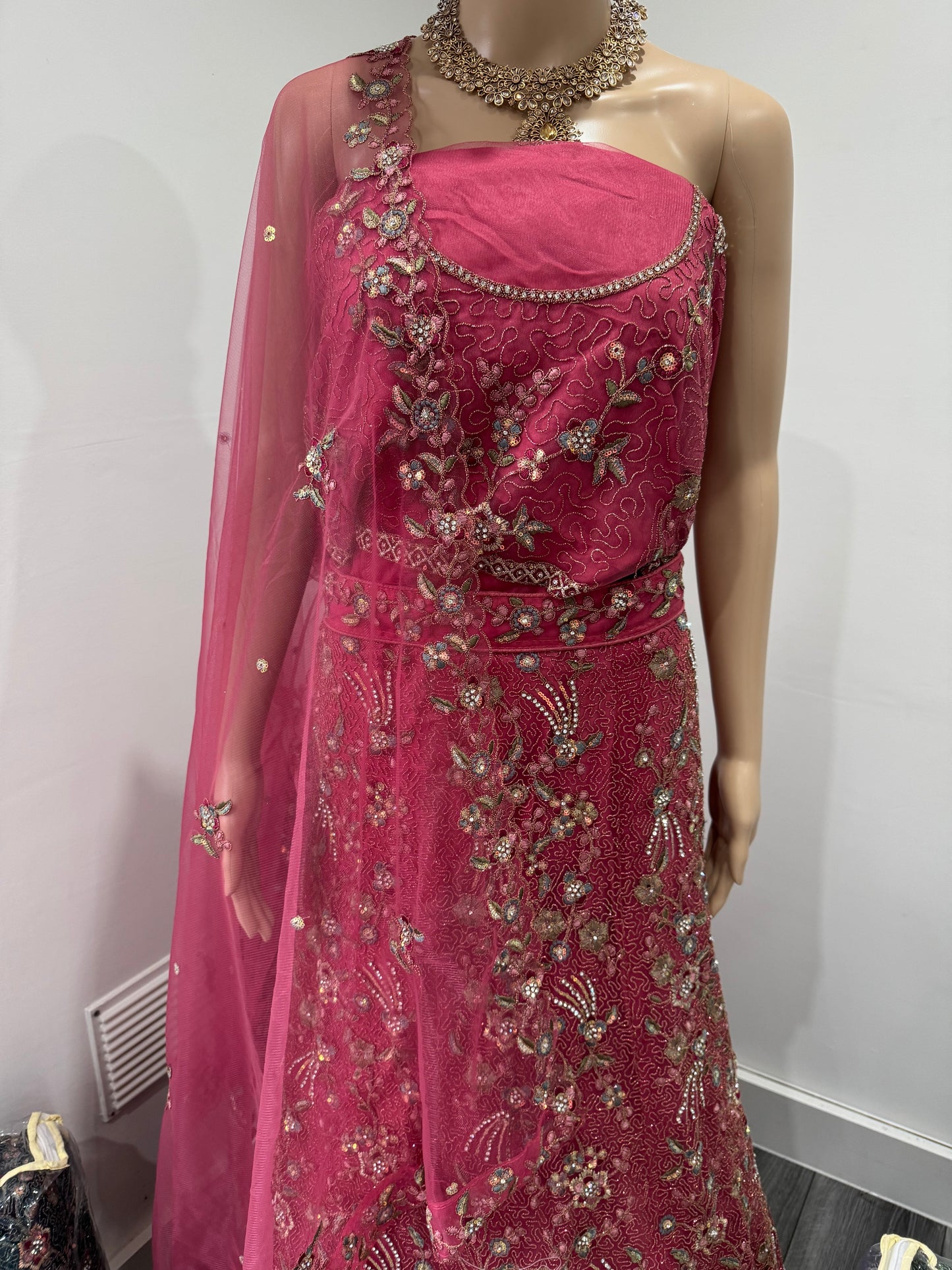 Rose Pink Kia Net Semi Stitched Lehenga Choli  With Dupatta