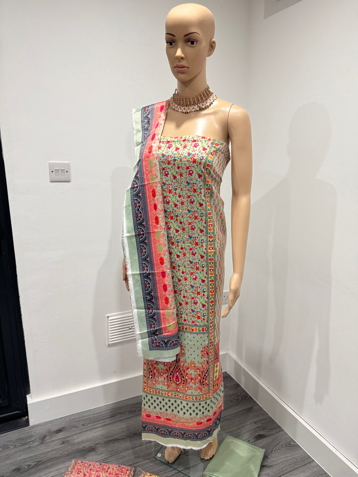 Mint Green Veda Three Piece Suit French Crepe Semi Stitched Material