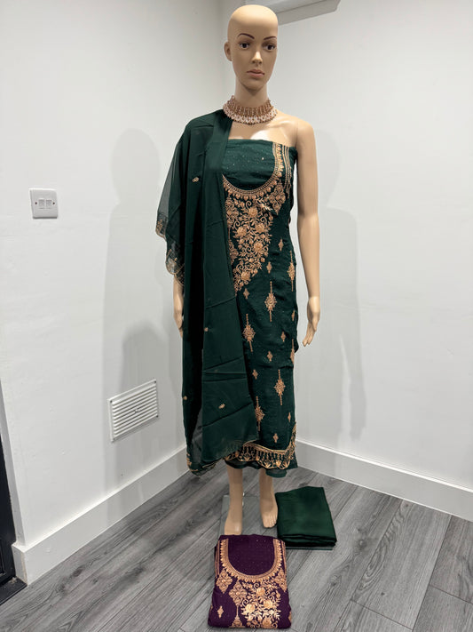 Dark Green Gauri Three Piece Suit Georgette Semi Stitched Material