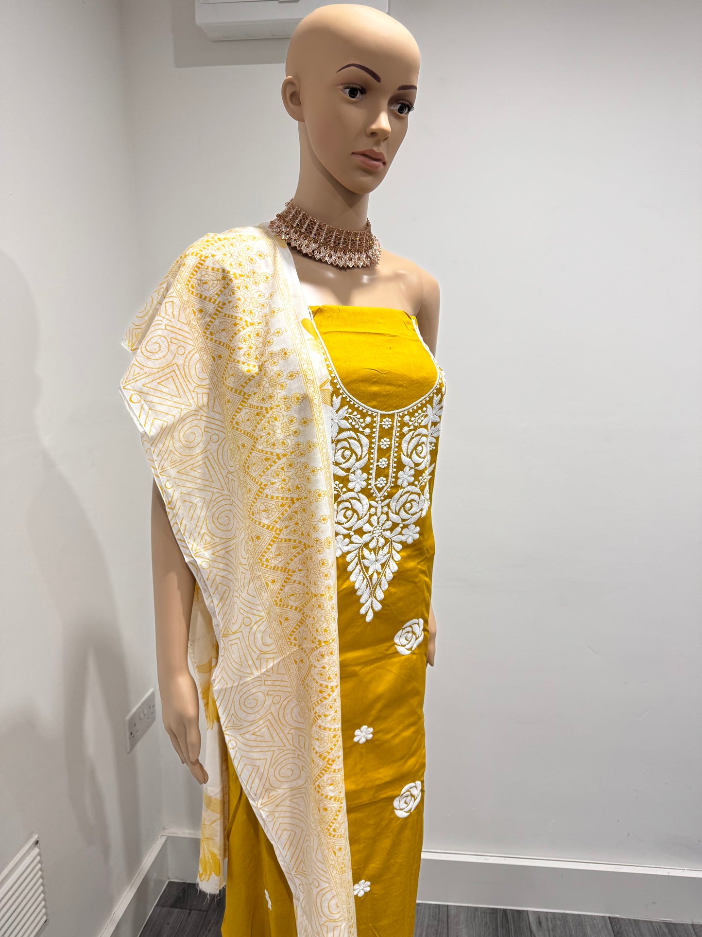 Yellow Puja Three Piece Suit Roman Semi Stitched Material