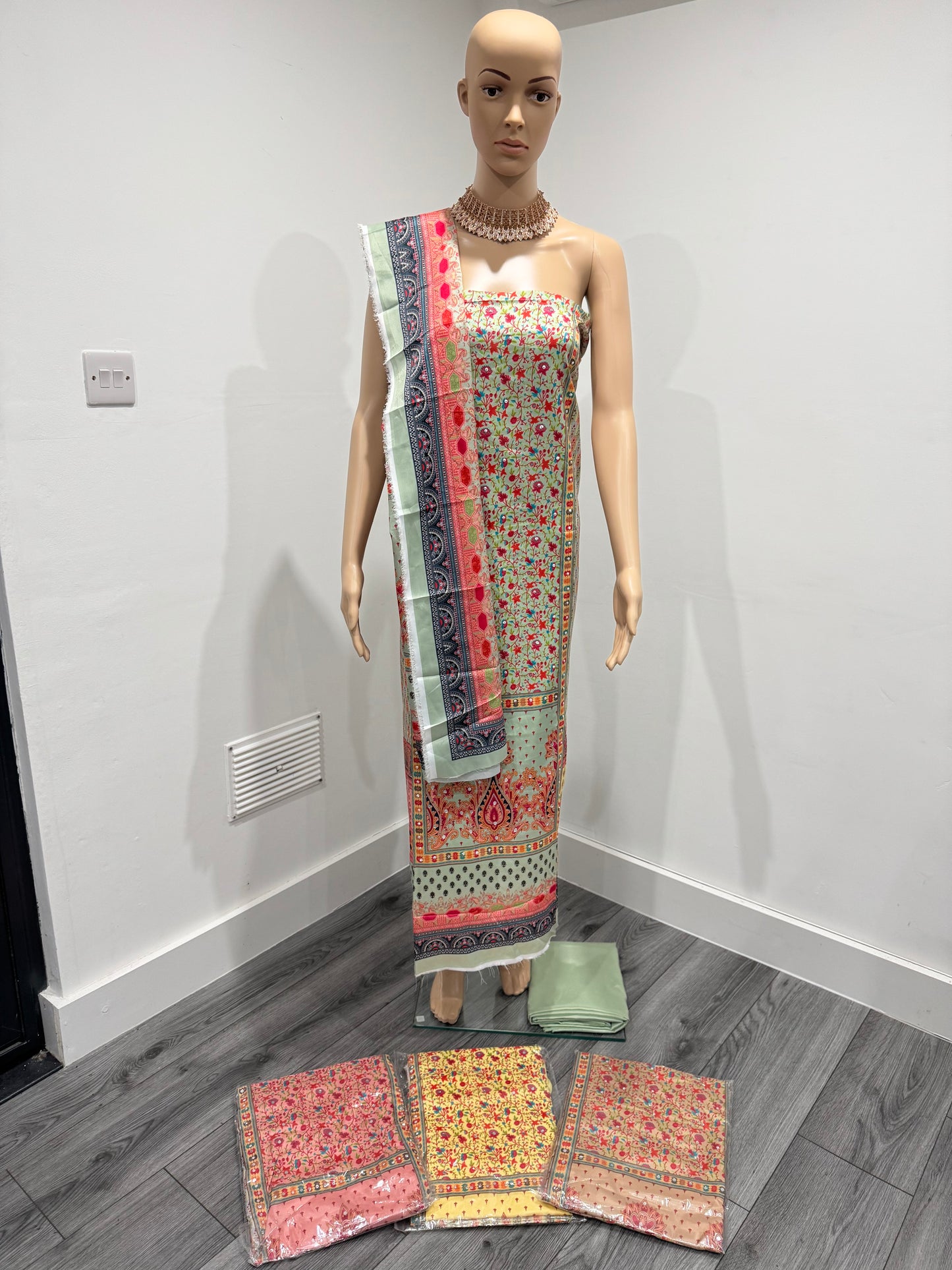 Mint Green Veda Three Piece Suit French Crepe Semi Stitched Material