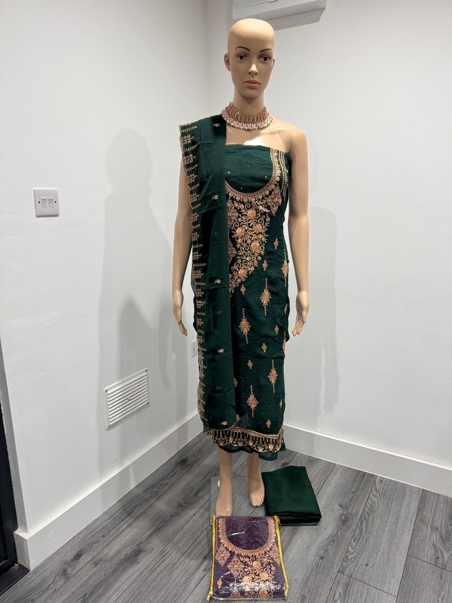 Dark Green Gauri Three Piece Suit Georgette Semi Stitched Material