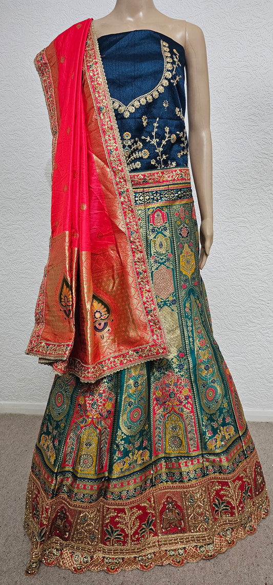 Teal Sajeli Banarasi Silk Net Semi Stitched Lehenga Choli  With Dupatta