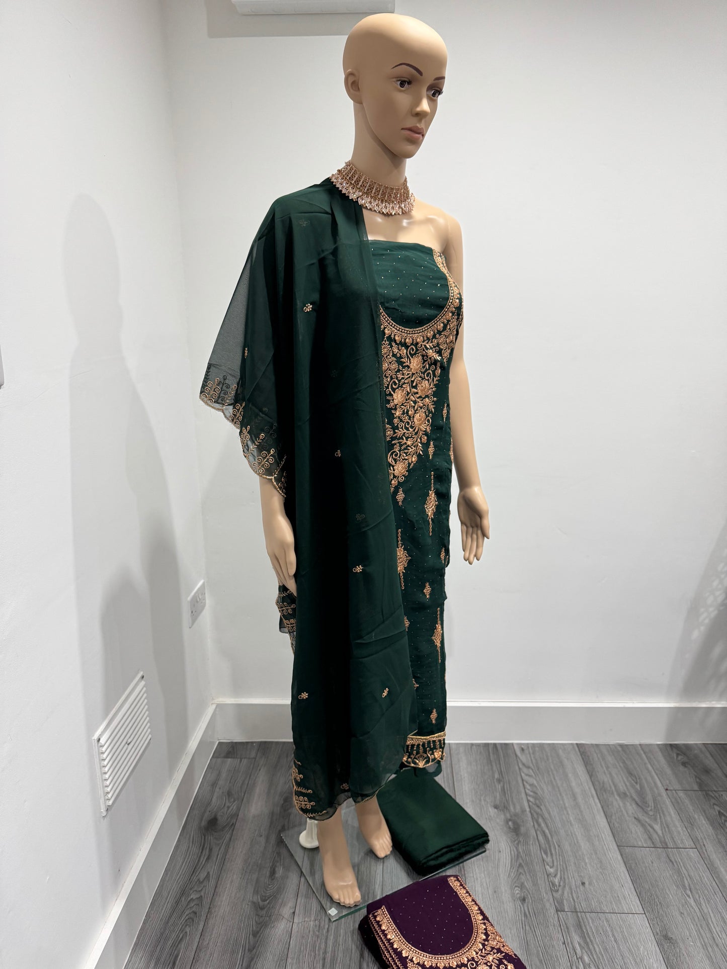 Dark Green Gauri Three Piece Suit Georgette Semi Stitched Material